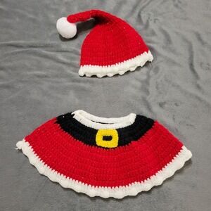 Santa Baby Skirt Hat Outfit Girls 0-6 Months Infant Set Red Hand Knit Pull On